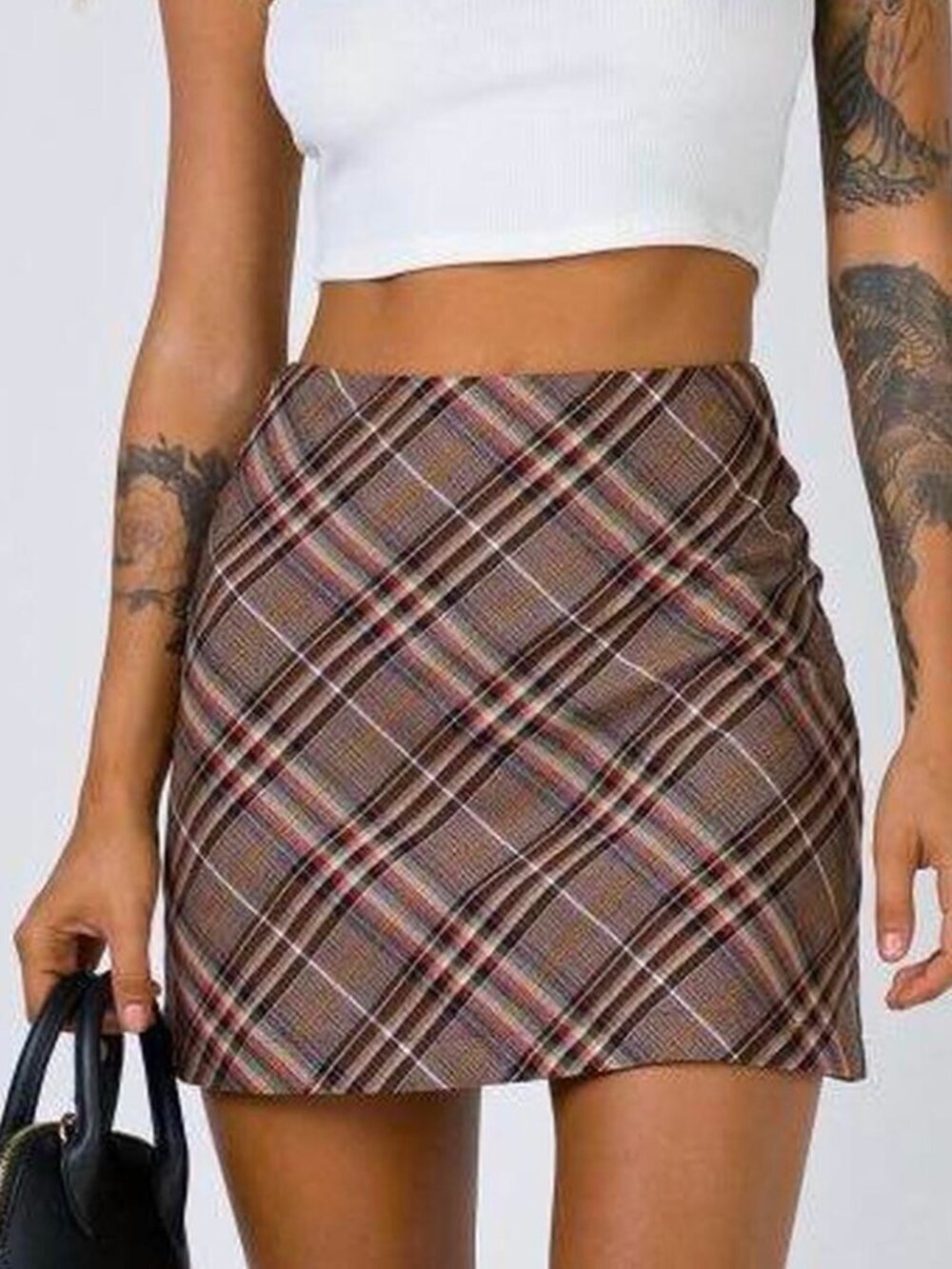Princess Polly Darwin Mini Skirt O-Ring Zipper Plaid Academia Brown